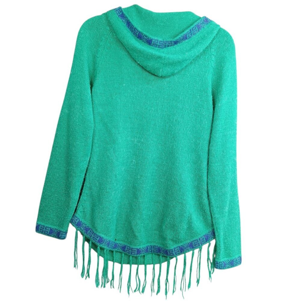 ALPACA CONNECTION Women's Hoodie Sweater XL Green Fringe Boho Hippie Aztec - Picture 2 of 8